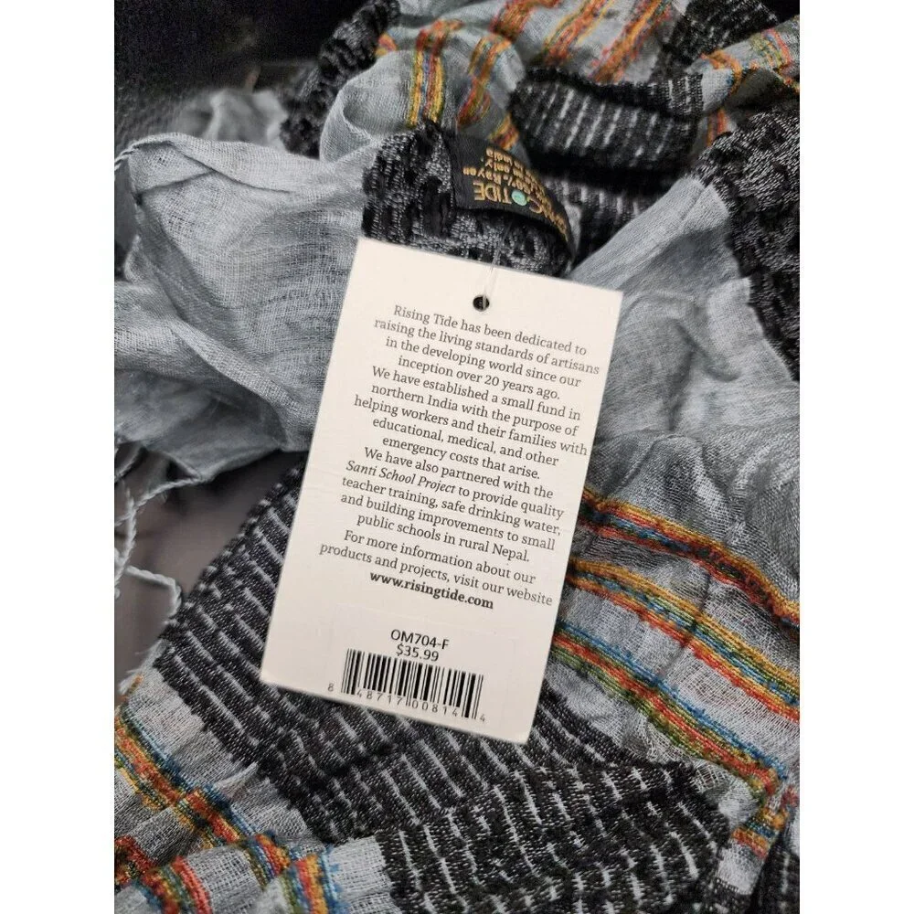 Rising Tide Silk Rayon Scarf Gray Multicolor Open Knit Fringed Hem Made in India